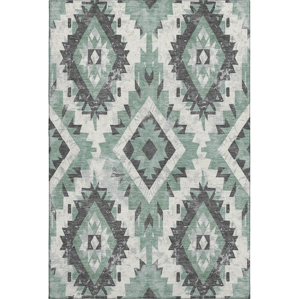 HomeRoots 8' X 10' Pale Aqua Charcoal Ivory Southwestern Rug - Washable, UV Protected, Pet-Friendly Design! 706605