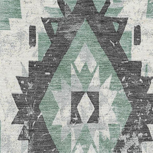 HomeRoots 8' X 10' Pale Aqua Charcoal Ivory Southwestern Rug - Washable, UV Protected, Pet-Friendly Design! 706605