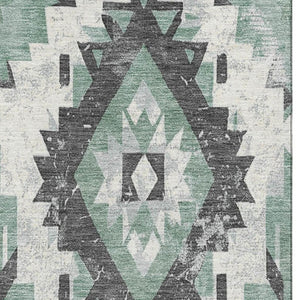 HomeRoots 8' X 10' Pale Aqua Charcoal Ivory Southwestern Rug - Washable, UV Protected, Pet-Friendly Design! 706605