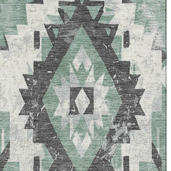 HomeRoots 8' X 10' Pale Aqua Charcoal Ivory Southwestern Rug - Washable, UV Protected, Pet-Friendly Design! 706605