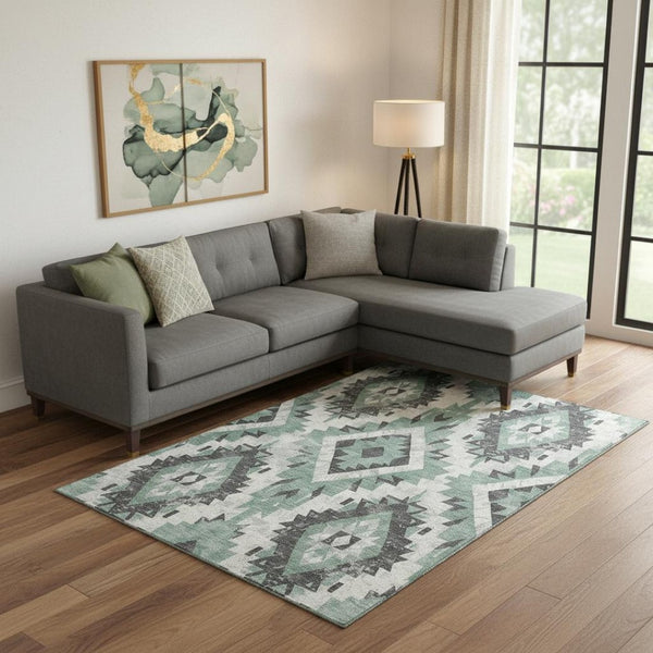 HomeRoots 9' X 12' Pale Aqua Southwestern Area Rug – Kid & Pet-Friendly, UV Protection, Durable Design & Style 706606