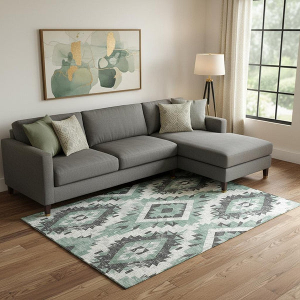 HomeRoots 10' X 14' Pale Aqua Southwestern Area Rug - Washable, Stain Resistant, UV Protected for Busy Homes 706607