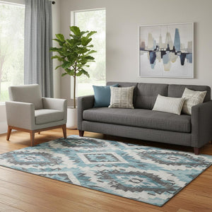 HomeRoots 5' X 8' Teal Charcoal Ivory Southwestern Washable Area Rug - Durable, UV Protected & Stylish! 706609
