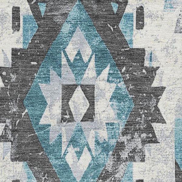 HomeRoots 5' X 8' Teal Charcoal Ivory Southwestern Washable Area Rug - Durable, UV Protected & Stylish! 706609