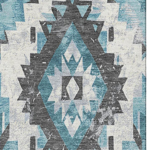 HomeRoots 5' X 8' Teal Charcoal Ivory Southwestern Washable Area Rug - Durable, UV Protected & Stylish! 706609