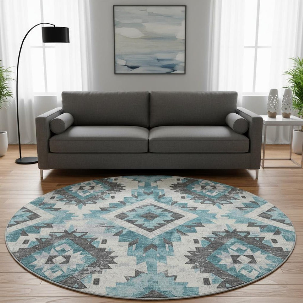 HomeRoots 8' Teal Charcoal and Ivory Southwestern Round Rug – Washable, UV Protected, Ideal for High-Traffic Areas 706610