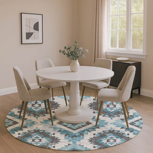 HomeRoots 8' Teal Charcoal and Ivory Southwestern Round Rug – Washable, UV Protected, Ideal for High-Traffic Areas 706610