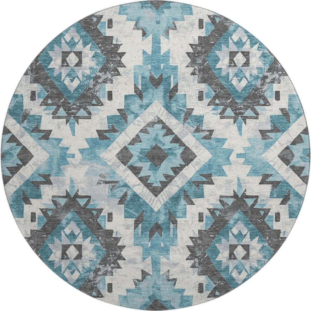 HomeRoots 8' Teal Charcoal and Ivory Southwestern Round Rug – Washable, UV Protected, Ideal for High-Traffic Areas 706610