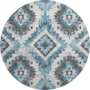 HomeRoots 8' Teal Charcoal and Ivory Southwestern Round Rug – Washable, UV Protected, Ideal for High-Traffic Areas 706610