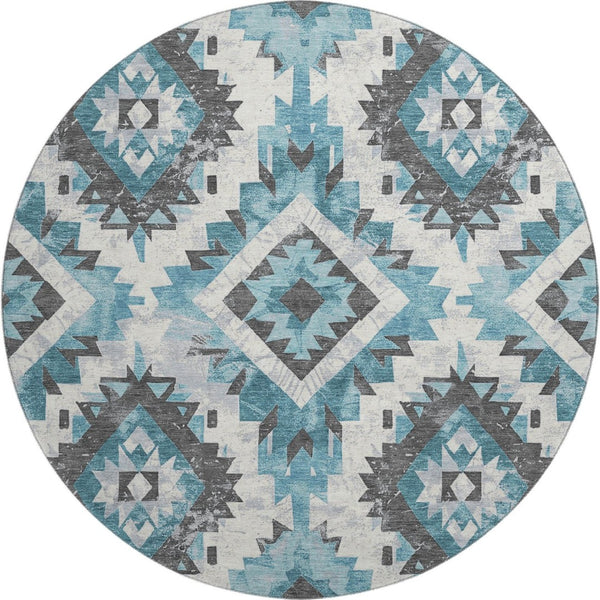 HomeRoots 8' Teal Charcoal and Ivory Southwestern Round Rug – Washable, UV Protected, Ideal for High-Traffic Areas 706610
