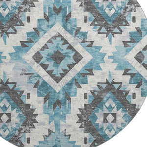 HomeRoots 8' Teal Charcoal and Ivory Southwestern Round Rug – Washable, UV Protected, Ideal for High-Traffic Areas 706610