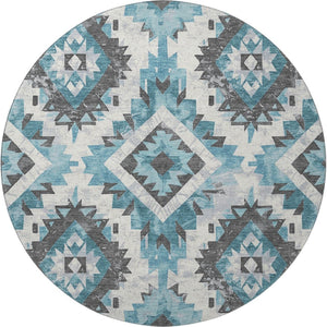 HomeRoots 8' Teal Charcoal and Ivory Southwestern Round Rug – Washable, UV Protected, Ideal for High-Traffic Areas 706610