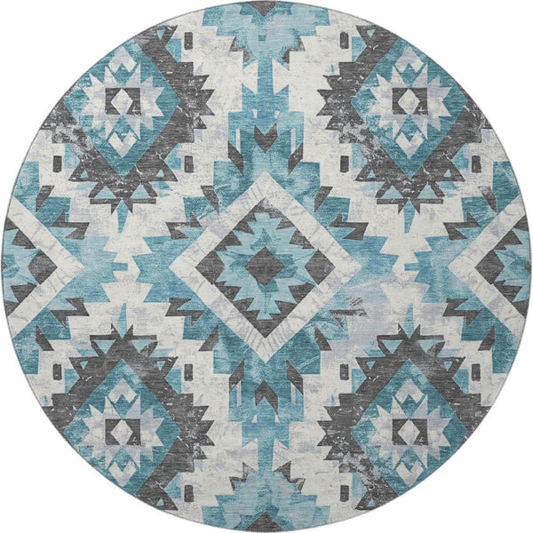 HomeRoots 8' Teal Charcoal and Ivory Southwestern Round Rug – Washable, UV Protected, Ideal for High-Traffic Areas 706610