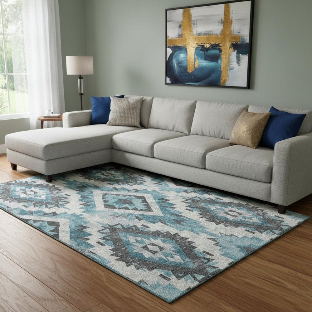 HomeRoots 8' X 10' Teal Charcoal Ivory Southwestern Area Rug – Durable, Washable & UV Protected for Style! 706611