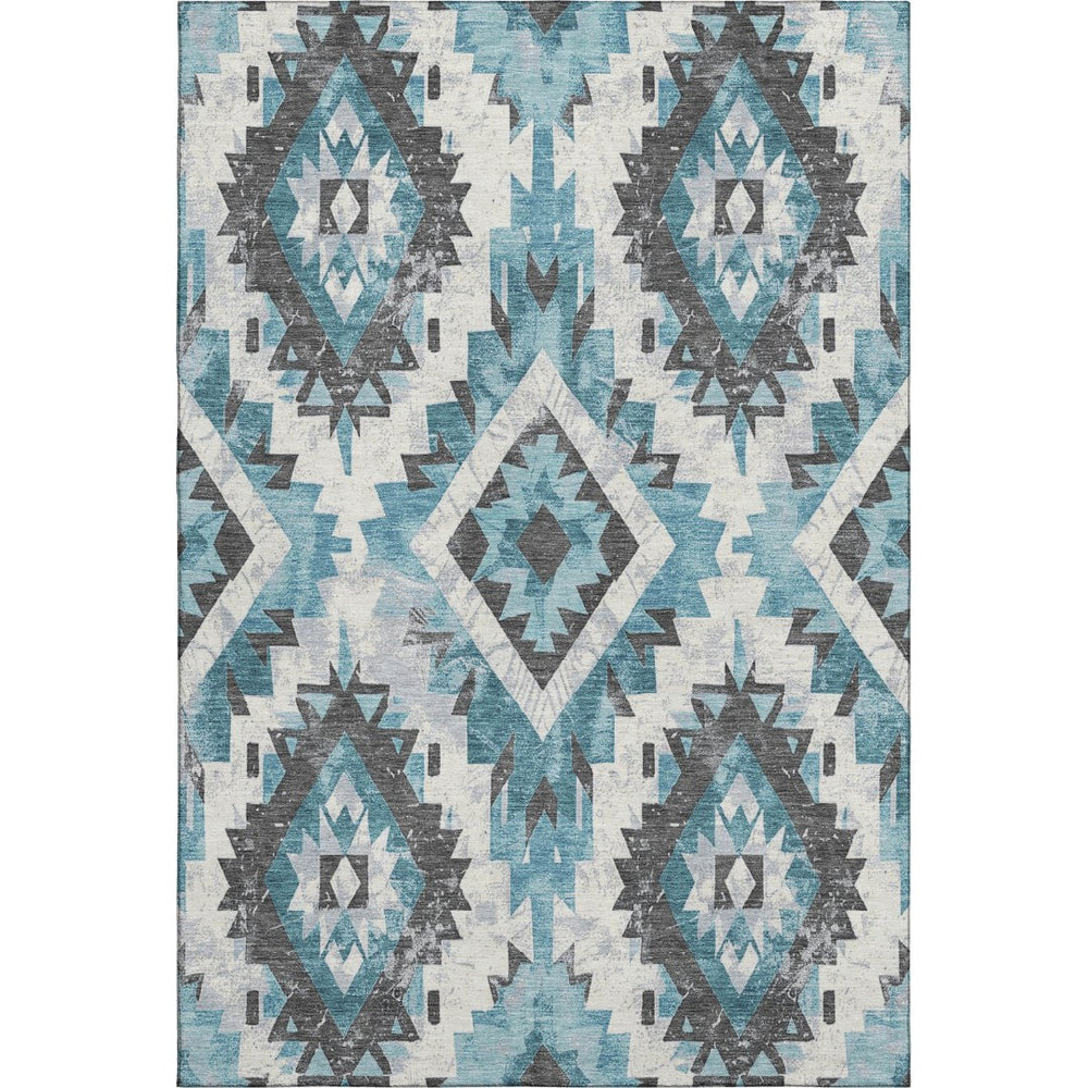 HomeRoots 8' X 10' Teal Charcoal Ivory Southwestern Area Rug – Durable, Washable & UV Protected for Style! 706611