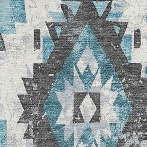 HomeRoots 8' X 10' Teal Charcoal Ivory Southwestern Area Rug – Durable, Washable & UV Protected for Style! 706611