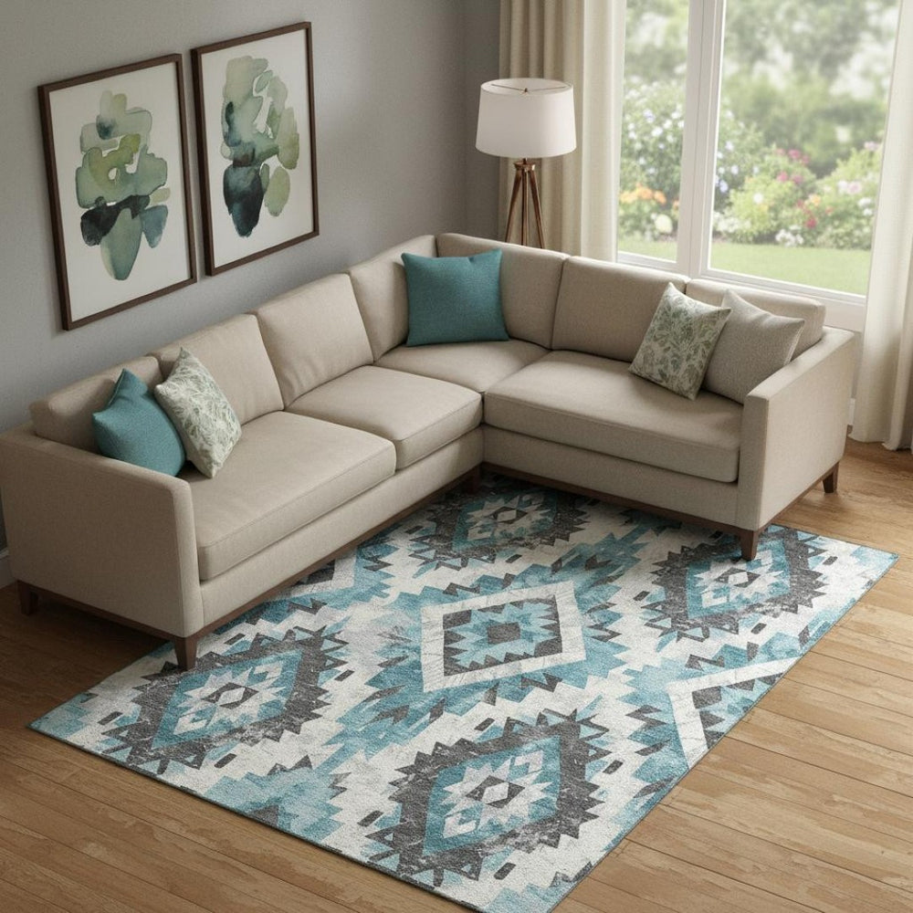 HomeRoots 9' X 12' Stylish Teal Charcoal Ivory Southwestern Area Rug - Washable, UV Protected, Durable Design 706612