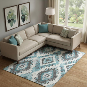 HomeRoots 9' X 12' Stylish Teal Charcoal Ivory Southwestern Area Rug - Washable, UV Protected, Durable Design 706612