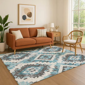 HomeRoots 9' X 12' Stylish Teal Charcoal Ivory Southwestern Area Rug - Washable, UV Protected, Durable Design 706612