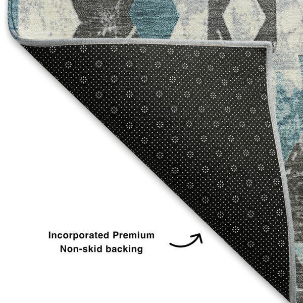 HomeRoots 9' X 12' Stylish Teal Charcoal Ivory Southwestern Area Rug - Washable, UV Protected, Durable Design 706612