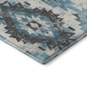 HomeRoots 9' X 12' Stylish Teal Charcoal Ivory Southwestern Area Rug - Washable, UV Protected, Durable Design 706612