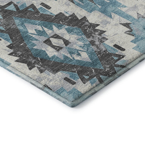 HomeRoots 9' X 12' Stylish Teal Charcoal Ivory Southwestern Area Rug - Washable, UV Protected, Durable Design 706612