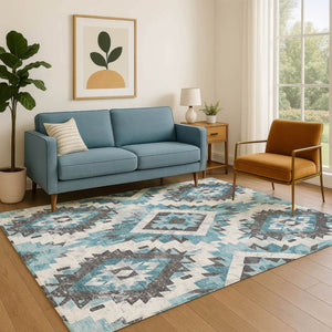 HomeRoots 9' X 12' Stylish Teal Charcoal Ivory Southwestern Area Rug - Washable, UV Protected, Durable Design 706612