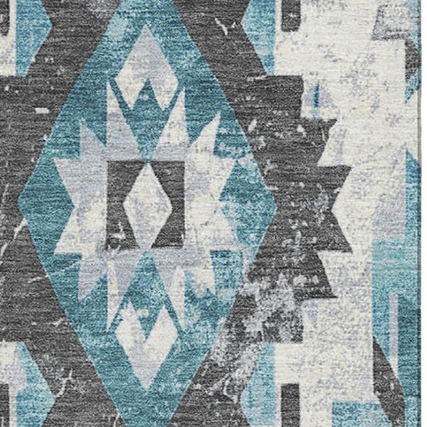 HomeRoots 9' X 12' Stylish Teal Charcoal Ivory Southwestern Area Rug - Washable, UV Protected, Durable Design 706612