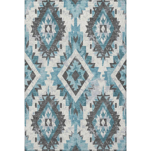 HomeRoots 9' X 12' Stylish Teal Charcoal Ivory Southwestern Area Rug - Washable, UV Protected, Durable Design 706612