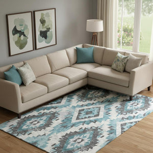 HomeRoots 10' Teal Charcoal Ivory Southwestern Washable Area Rug - Durable, UV-Protected, Pet-Friendly Design 706613