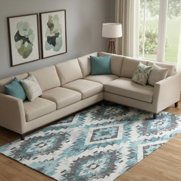 HomeRoots 10' Teal Charcoal Ivory Southwestern Washable Area Rug - Durable, UV-Protected, Pet-Friendly Design 706613