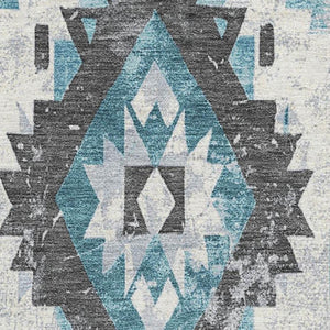 HomeRoots 10' Teal Charcoal Ivory Southwestern Washable Area Rug - Durable, UV-Protected, Pet-Friendly Design 706613
