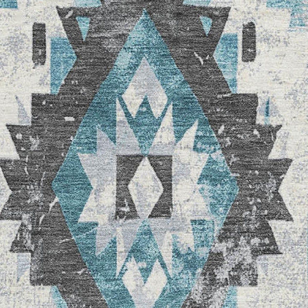 HomeRoots 10' Teal Charcoal Ivory Southwestern Washable Area Rug - Durable, UV-Protected, Pet-Friendly Design 706613