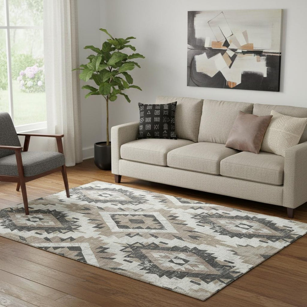 HomeRoots 5' X 8' Southwestern Washable Area Rug in Taupe Charcoal Ivory - UV Protection, Kid & Pet Friendly! 706615