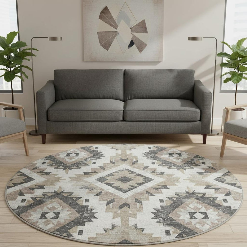 HomeRoots 8' Southwestern Round Rug in Taupe, Charcoal & Ivory - Washable, UV Protected & Stain Resistant Decor 706616
