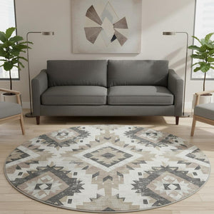 HomeRoots 8' Southwestern Round Rug in Taupe, Charcoal & Ivory - Washable, UV Protected & Stain Resistant Decor 706616