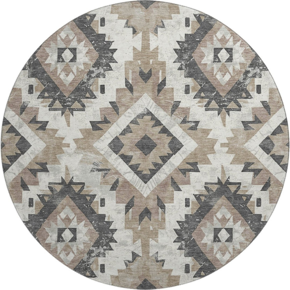 HomeRoots 8' Southwestern Round Rug in Taupe, Charcoal & Ivory - Washable, UV Protected & Stain Resistant Decor 706616