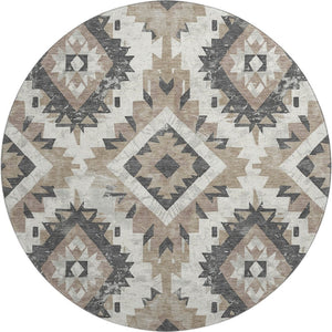HomeRoots 8' Southwestern Round Rug in Taupe, Charcoal & Ivory - Washable, UV Protected & Stain Resistant Decor 706616