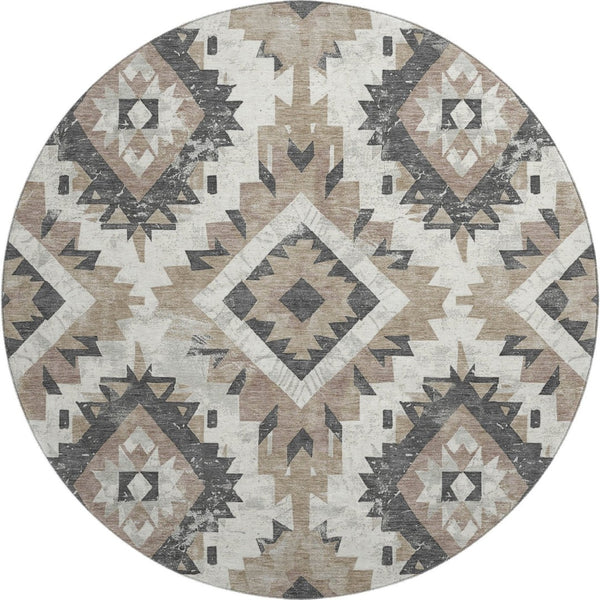 HomeRoots 8' Southwestern Round Rug in Taupe, Charcoal & Ivory - Washable, UV Protected & Stain Resistant Decor 706616