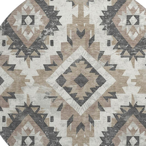 HomeRoots 8' Southwestern Round Rug in Taupe, Charcoal & Ivory - Washable, UV Protected & Stain Resistant Decor 706616