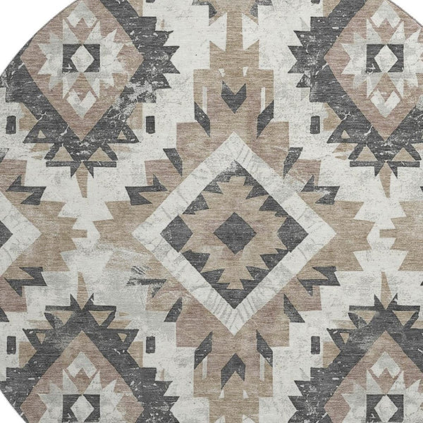 HomeRoots 8' Southwestern Round Rug in Taupe, Charcoal & Ivory - Washable, UV Protected & Stain Resistant Decor 706616