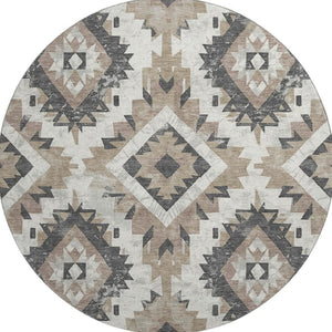 HomeRoots 8' Southwestern Round Rug in Taupe, Charcoal & Ivory - Washable, UV Protected & Stain Resistant Decor 706616