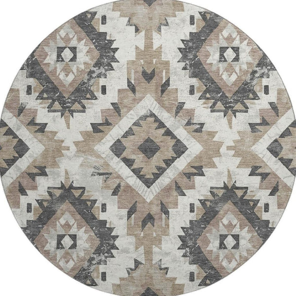HomeRoots 8' Southwestern Round Rug in Taupe, Charcoal & Ivory - Washable, UV Protected & Stain Resistant Decor 706616