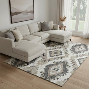 HomeRoots 8' X 10' Southwestern Washable Area Rug in Taupe, Charcoal & Ivory – UV Protection & Stain Resistant! 706617