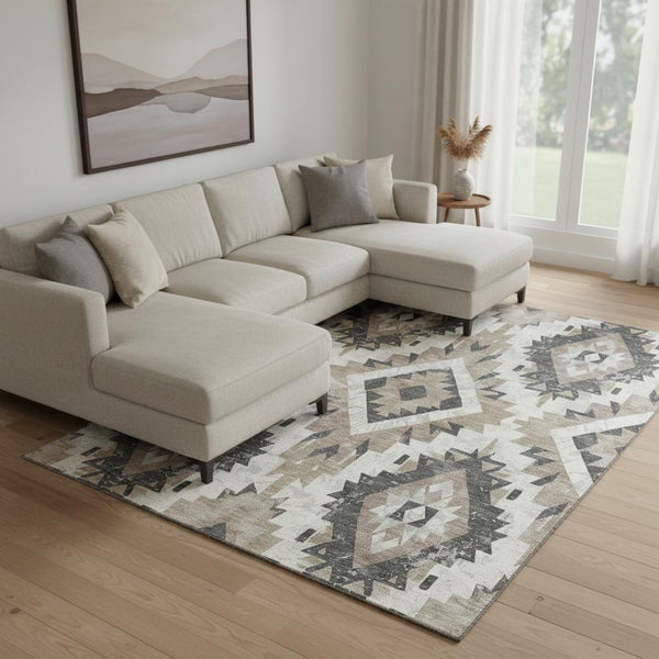 HomeRoots 8' X 10' Southwestern Washable Area Rug in Taupe, Charcoal & Ivory – UV Protection & Stain Resistant! 706617