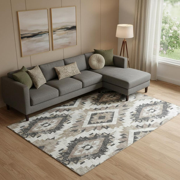 HomeRoots 10' X 14' Southwestern Washable Area Rug - Taupe, Charcoal & Ivory, UV Protected, Stain Resistant Design 706619