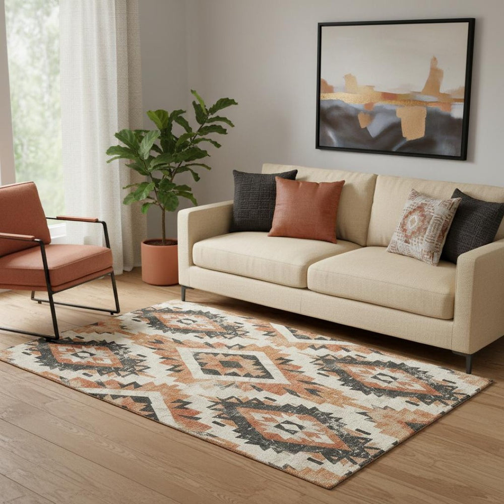 HomeRoots 5' X 8' Southwestern Area Rug in Terra Cotta, Charcoal & Ivory – Washable, UV-Protected, Durable Design 706621