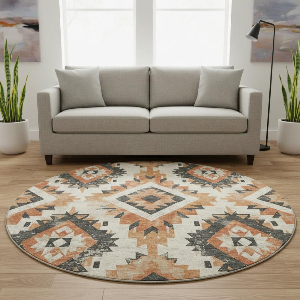 HomeRoots 8' Southwestern Round Rug in Terra Cotta & Charcoal – Washable, UV-Protected, Durable & Stylish! 706622