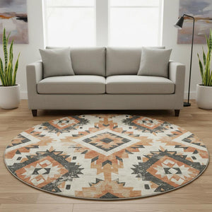 HomeRoots 8' Southwestern Round Rug in Terra Cotta & Charcoal – Washable, UV-Protected, Durable & Stylish! 706622