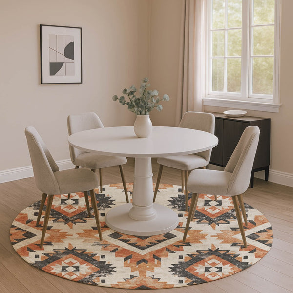 HomeRoots 8' Southwestern Round Rug in Terra Cotta & Charcoal – Washable, UV-Protected, Durable & Stylish! 706622